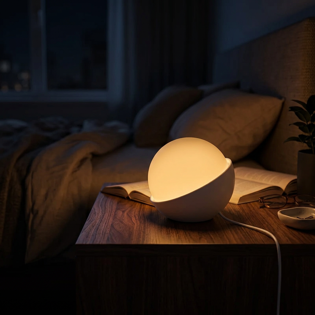The Glowcose lamp glowing warm amber on a nightstand